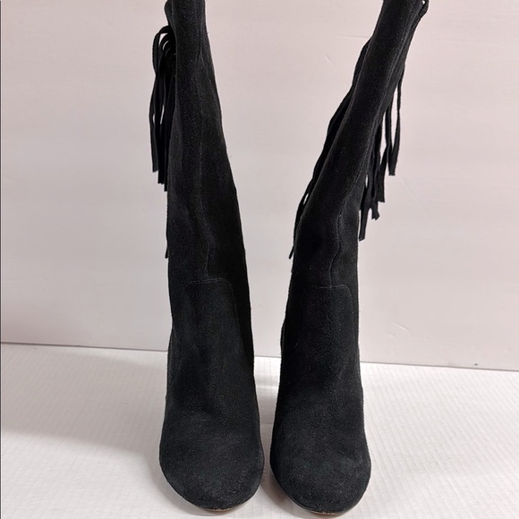 Black Suede Fringe Knee-High Boots - Picture 4 of 7